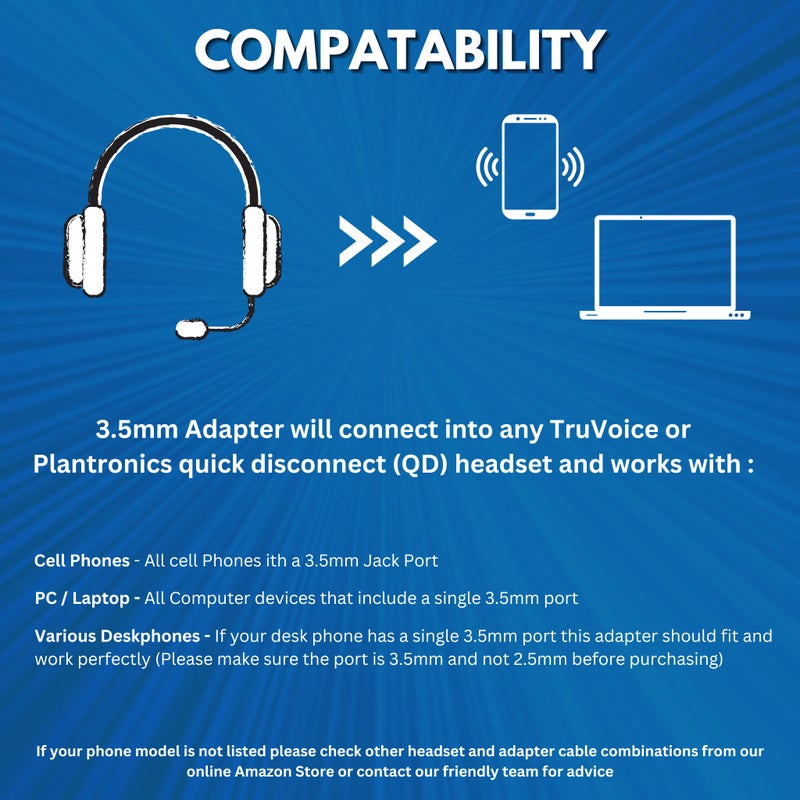 TruVoice 3.5mm to QD Adapter Cable - Compatible with Plantronics, Poly and TruVoice Quick Disconnect (QD) Headsets and Works with All PC and Cell Phones That Have a 3.5mm Port - Image 3